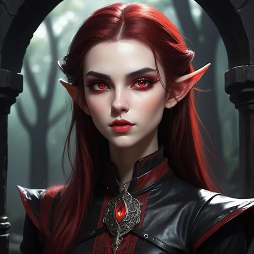 Prompt: (DnD character design: doppelganger), ethereal beauty, (sharp elf-like features) (red and black pupils), tall (red/black hair) stylishly pushed to the side, elegant attire reflecting otherworldly charm, dark leather clothing, surrounded by a wildernis background, (highly detailed), captivating aura, (dramatic lighting) authoritarian.