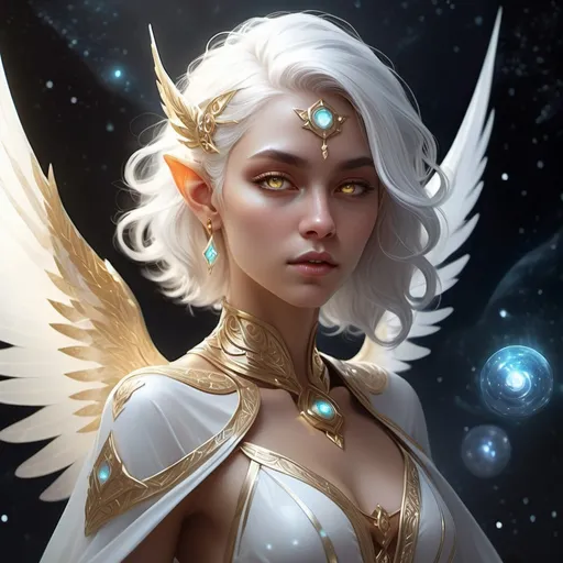 Prompt: (DnD character design: female half-angel from astral plane), ethereal beauty, (sharp elf-like features), piercing (gold pupils), short (white/silvery hair) stylishly pushed to the side, elegant attire reflecting otherworldly charm, cosmic symbols adorning clothing, surrounded by a softly glowing cosmic background, (highly detailed), captivating aura, (dramatic lighting) emphasizing golden theme and gracefulness.