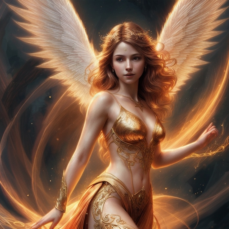 Prompt: (fantasy illustration), angel, (graceful mage), (magical aura), warm color scheme, light, closeup, dynamic pose, flowing attire, portait, intricate details, soft glow, enchanting ambiance, 4K, ultra-detailed.