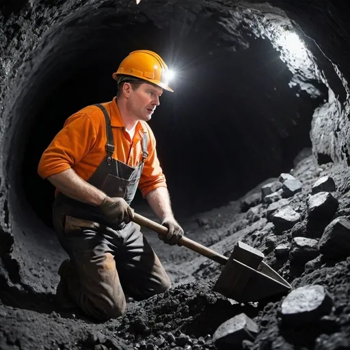 Prompt: generate image of a miner working in an underground coal mine with a pickaxe
