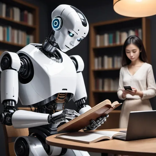 Prompt: robot read  book and human busy using phone