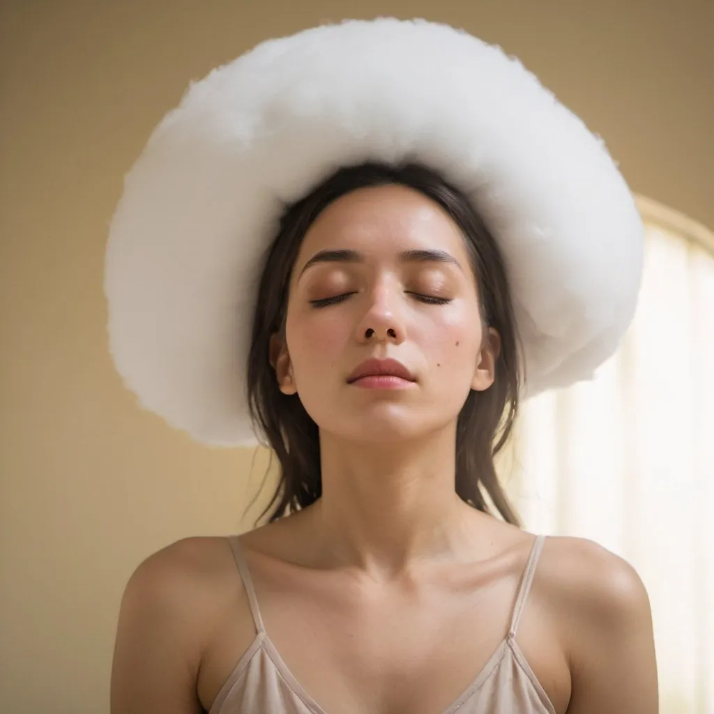 Prompt: Portrait Photography, Woman, head in a cloud, serene expression, closed eyes, light-colored background, upper body visible, artistic representation, soft lighting, dreamy atmosphere, muted color palette, surreal concept, cloud covering upper face, minimalistic design, Sony Alpha 1 , Graduated Neutral Density Filter, f/1.8, Shutter Speed 1/125s, Exposure -1 EV, ISO 200