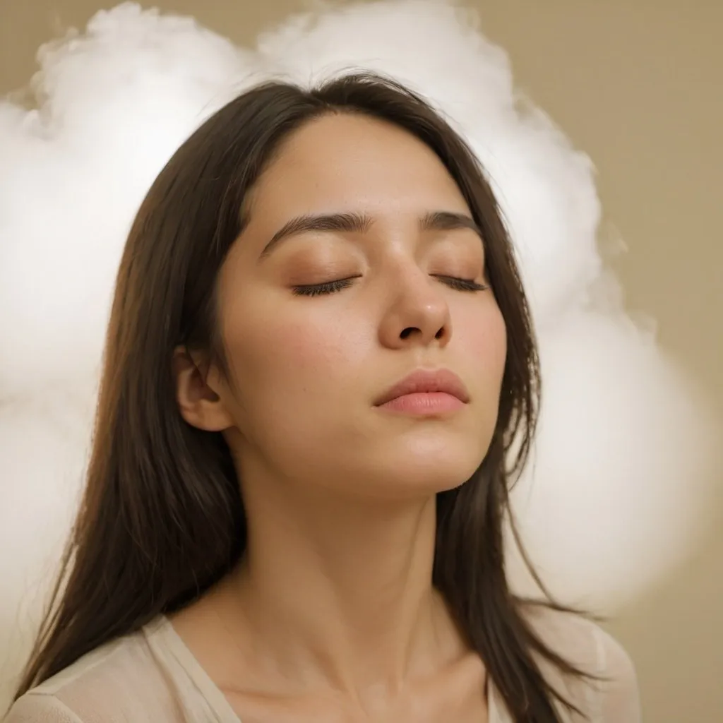 Prompt: Portrait Photography, Woman, head in a cloud, serene expression, closed eyes, light-colored background, upper body visible, artistic representation, soft lighting, dreamy atmosphere, muted color palette, surreal concept, cloud covering upper face, minimalistic design, Sony Alpha 1 , Graduated Neutral Density Filter, f/1.8, Shutter Speed 1/125s, Exposure -1 EV, ISO 200