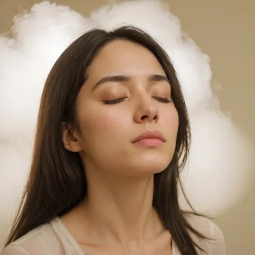 Prompt: Portrait Photography, Woman, head in a cloud, serene expression, closed eyes, light-colored background, upper body visible, artistic representation, soft lighting, dreamy atmosphere, muted color palette, surreal concept, cloud covering upper face, minimalistic design, Sony Alpha 1 , Graduated Neutral Density Filter, f/1.8, Shutter Speed 1/125s, Exposure -1 EV, ISO 200