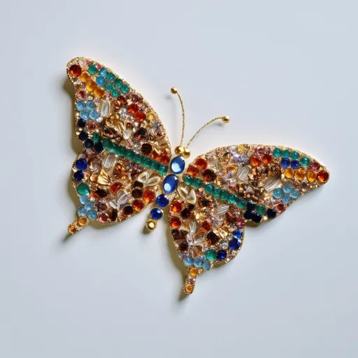 Prompt: Monarch butterfly made of glittering gems, gilded, HD, pacific Grove, collage of butterflies