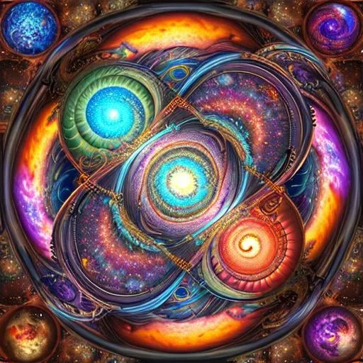 Prompt: A fractal spiral universe, metal, maze, planets, planetarium, hyperdetailed, colorful, digital art, CGI