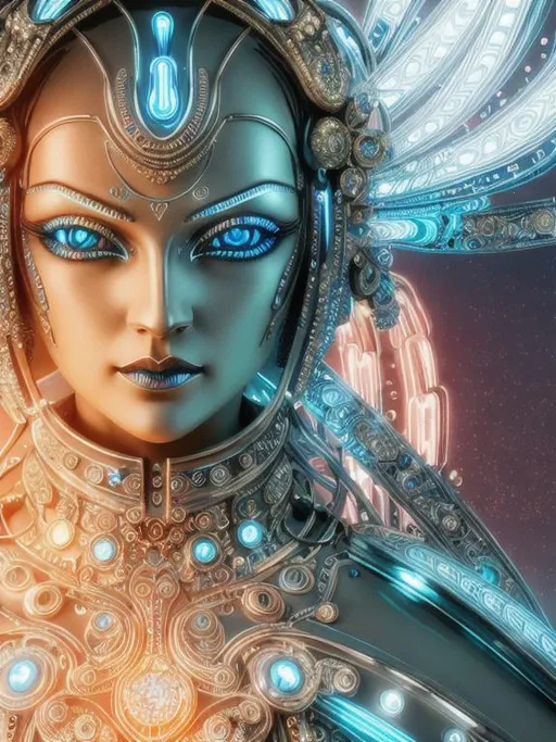 Prompt: intricate Art deco metal Lady, sparkling blue eyes, metal, color,  ornate, intricate, flowing, neon, led, fractals, hyper-detailed, 64K, UHD, HDR, unreal engine, vivid colors