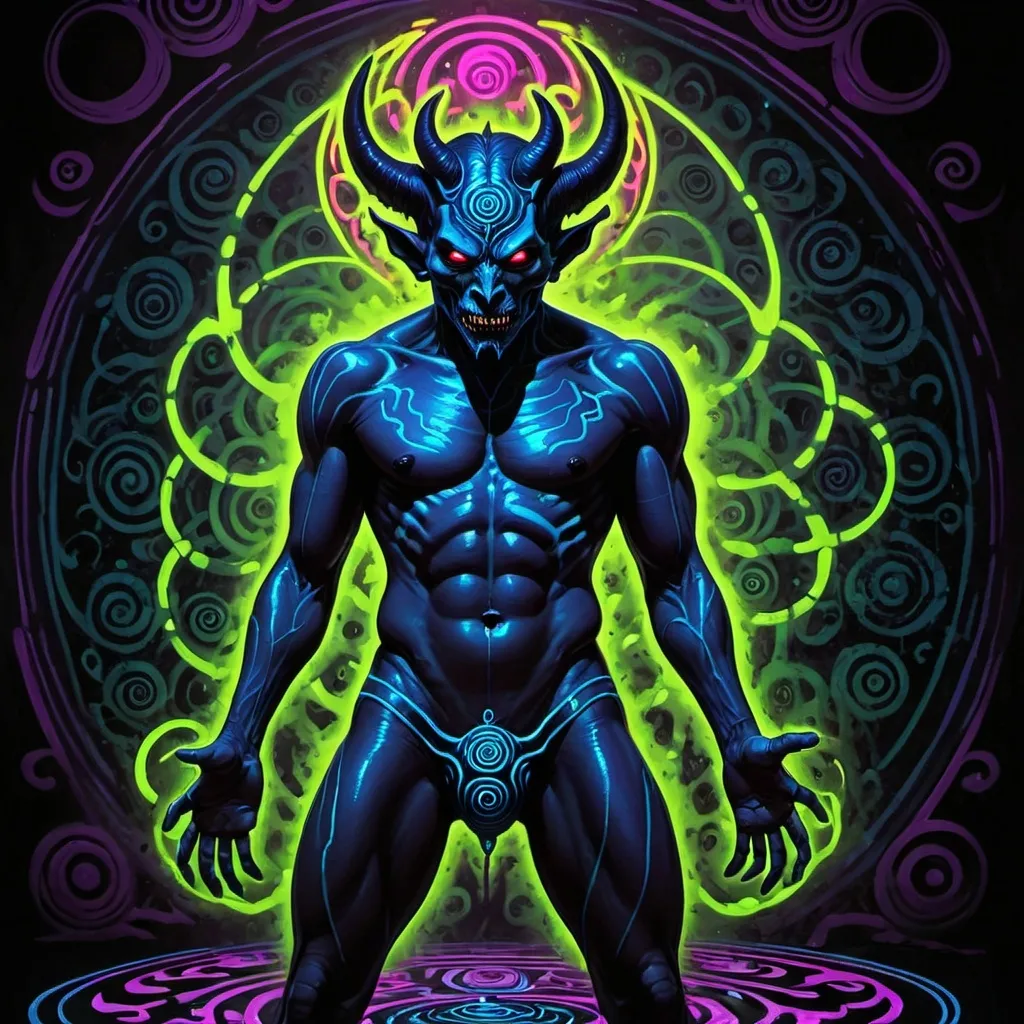 Prompt: Hypnotic Full Body illustration of demon, hypnotic, psychedelic art, pop surrealism, dark glow neon paint, mystical, Behance, glossy, led 