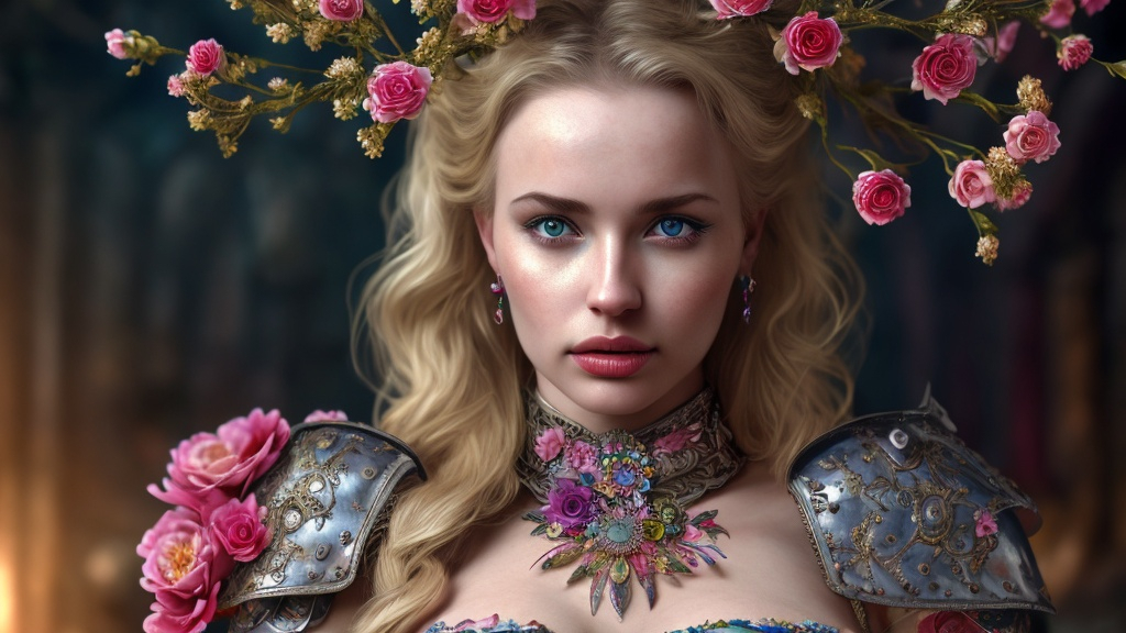 Prompt: Full lady, blonde hair, metal armor, full lips, jewels, detailed, colorful, award-winning CGI, HD, amazing, flowers