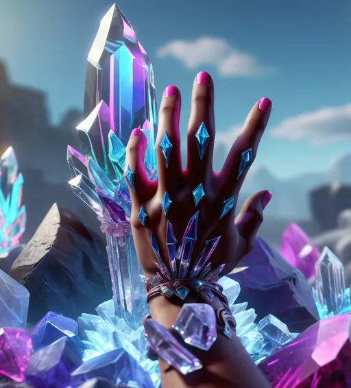 Prompt: Crystal energy hand, hyper-detailed, 64K, UHD, HDR, unreal engine, vivid colors, neon