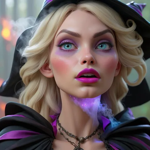 Prompt: Full witch, blonde hair, full lips, bare top, detailed, colorful, award-winning CGI, HD, amazing, led, mist