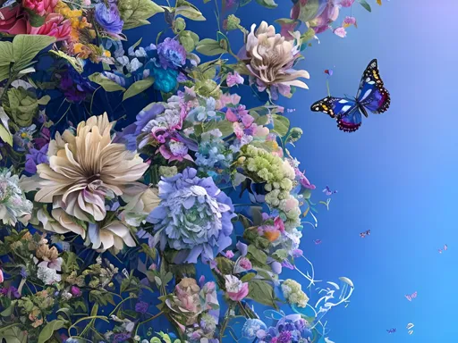 Prompt: Intricate landscape of 1900's Lady, Butterflies and flowers, hyper-detailed, colorful, fantasy, award-winning CGI, HD