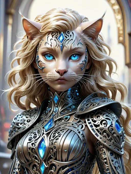 Prompt: intricate Art deco metal cat people, sparkling blue eyes, blonde hair, metal, ornate, intricate, flowing, neon, led, fractals, hyper-detailed, 64K, UHD, HDR, unreal engine, vivid colors, roots