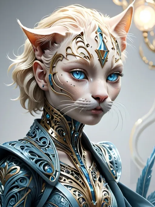 Prompt: intricate Art deco metal cat people, sparkling blue eyes, blonde hair, metal, ornate, intricate, flowing, neon, led, fractals, hyper-detailed, 64K, UHD, HDR, unreal engine, vivid colors, roots