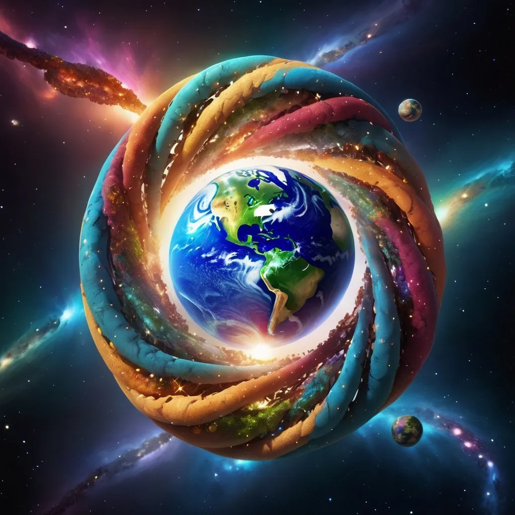 Prompt: Earth turning into a DNA, twisted, sparkling, detailed, colorful, award-winning CGI, HD, amazing, space, flowing, EARTH, stars