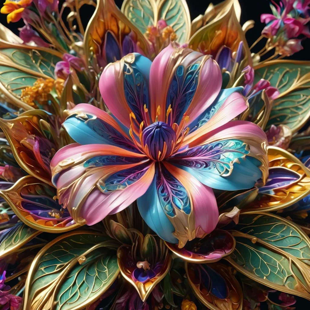 Prompt: Intricate flower, gilded, hyper-detailed, colorful, fantasy, award-winning CGI, HD