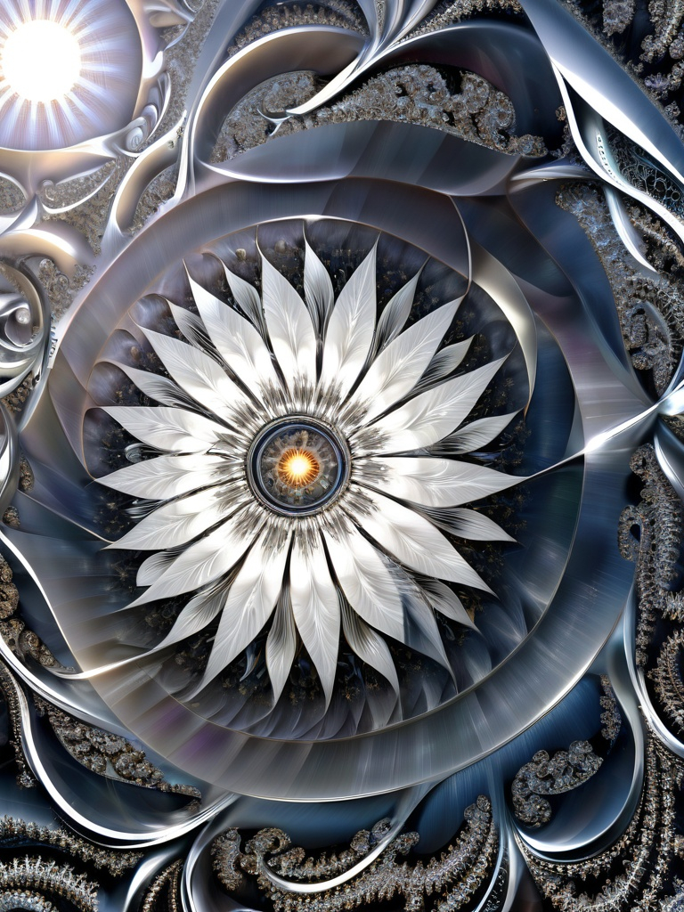 Prompt: flower sun, fractal, intricate, maze, universe, metal, gloss