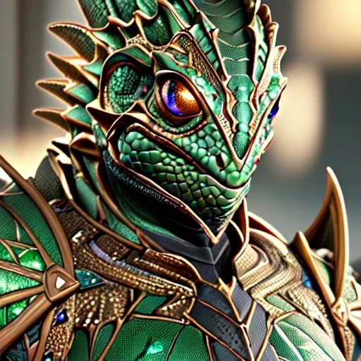 Prompt: Portrait of a lizard knight, hyper-detailed, 64K, UHD, HDR, unreal engine, vivid colors, glided, art deco