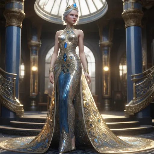 Prompt: Cat queen, blue eyes, full body, intricate transparent gown, gold, and silver, sparkling, ornate, intricate, art deco, hyper-detailed, 64K, UHD, HDR, unreal engine, vivid colors, tail