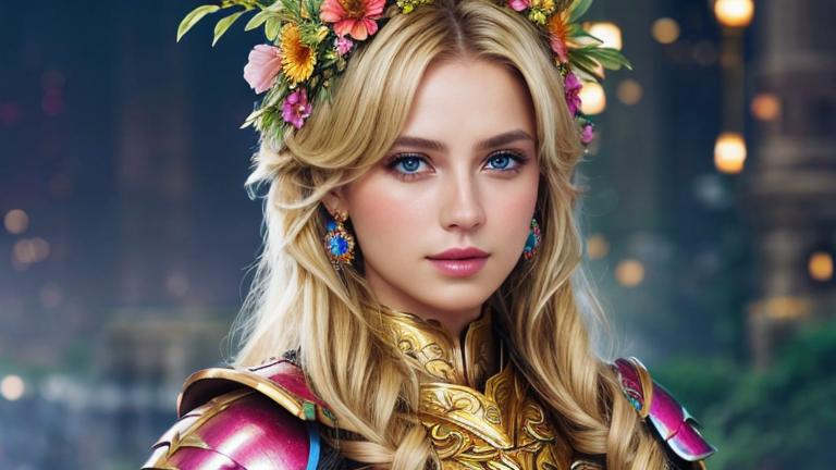 Prompt: Full lady, blonde hair, metal armor, full lips, jewels, detailed, colorful, award-winning CGI, HD, amazing, flowers