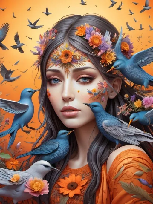 Prompt: Highly detailed Goddess transforming into a murmuration of birds, 3D, detailed, colorful, flowers