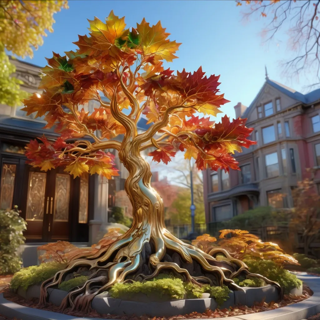 Prompt: Intricate maple tree, roots, ultra gloss, gilded, art deco, ornate, intricate, led, hyper-detailed, 64K, UHD, HDR, unreal engine, vivid colors, jewels, 