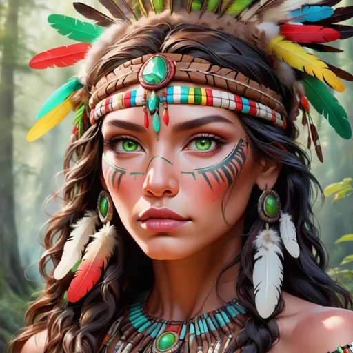 Prompt: A Portrait of Native American Woman, beautiful, full lips, green eyes, detailed, colorful, award-winning CGI, HD, amazing, scrolls, Trees, roots, feathers