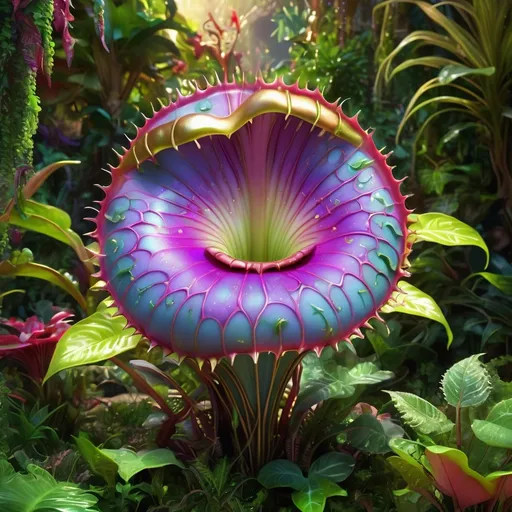 Prompt: Intricate Venus fly trap, gilded, glowing, glossy, hyper-detailed, colorful, fantasy, award-winning CGI, HD