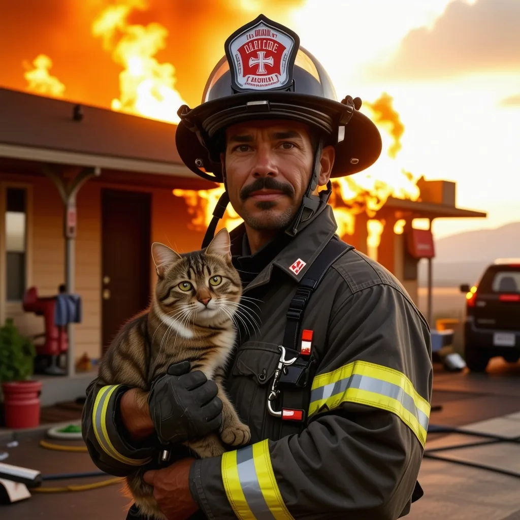 Prompt: A firefighter holding a cat, house in flames behind him, LA, neon, fire