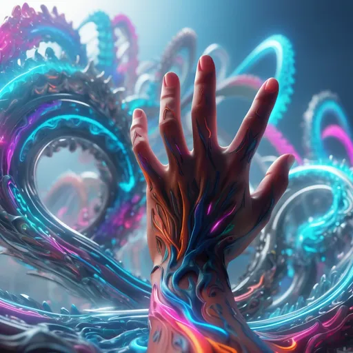 Prompt:  energy hand, hyper-detailed, 64K, UHD, HDR, unreal engine, vivid colors, neon, flowing, fractals 