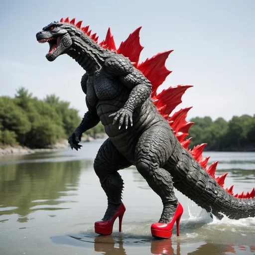 Prompt: Godzilla wearing red high heels on, in water, long legs, tall high heels