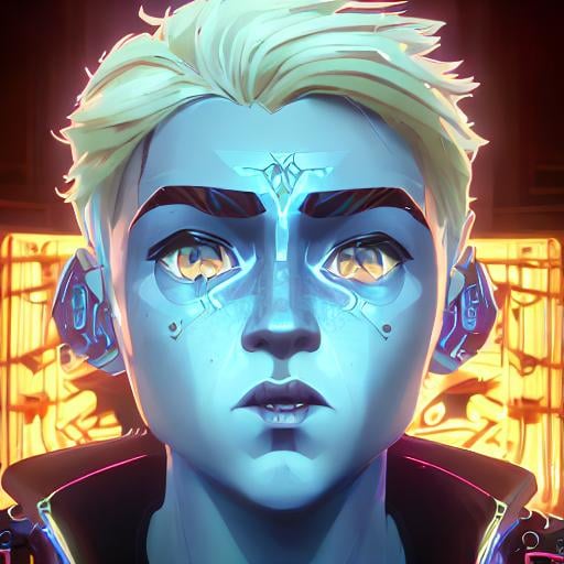 Prompt: intricate Art deco metal boy kid, sparkling blue eyes, blonde hair, metal, color, dimples, ornate, intricate, flowing, neon, led, fractals, hyper-detailed, 64K, UHD, HDR, unreal engine, vivid colors