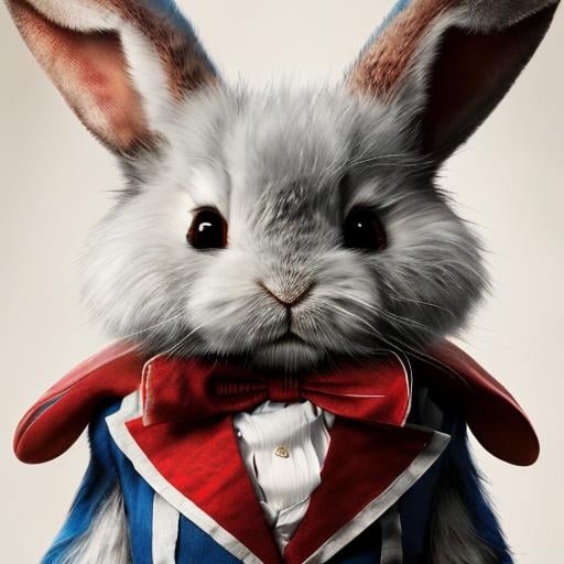 Prompt: The White Rabbit from Alice in Wonderland, waistcoat, huge eyes, fluffy, low angle, hyper-detailed, 64K, UHD, HDR, unreal engine, vivid colors