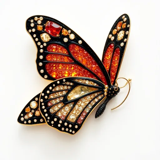 Prompt: Monarch butterfly made of glittering gems, gilded, HD, pacific Grove