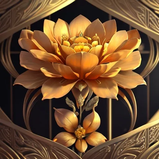 Prompt: Intricate digital portrait of a golden flower, gilded, hyper-detailed, 64K, UHD, HDR, unreal engine, vivid colors, blooms, beautiful, art deco, maze