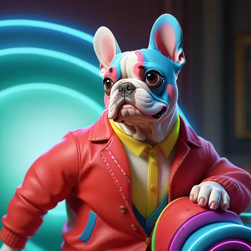 Prompt: A frenchie, french bull-dog detailed, colorful, award-winning CGI, HD, amazing, led, neon, funny, cute