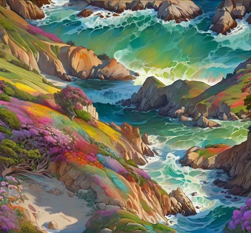 Prompt: A landscape of Big Sur, California, amazing detail, colorful, bixby, waves, flowers, fractals 