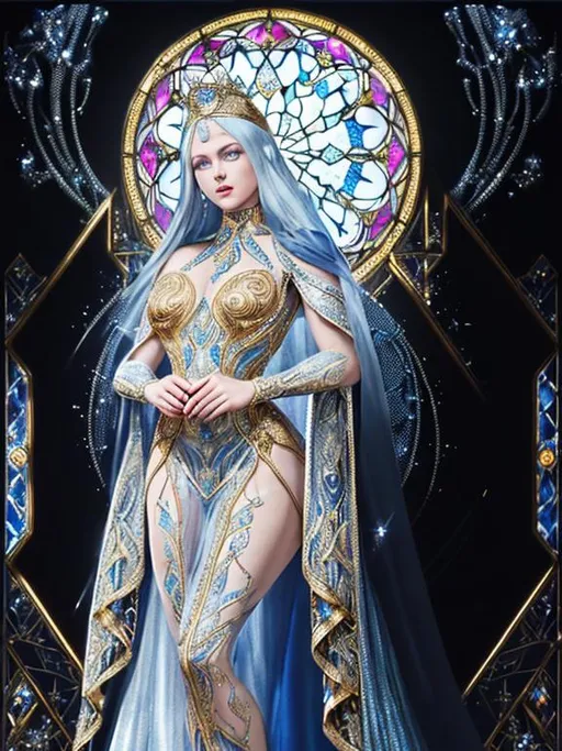 Prompt: Queen, blue eyes, full body, intricate transparent gown, gold, and silver, sparkling, ornate, intricate, art deco, hyper-detailed, 64K, UHD, HDR, unreal engine, vivid colors, stained glass