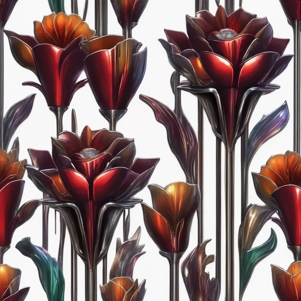 Prompt: metal flowers growing out of blood art deco, realistic, colorful