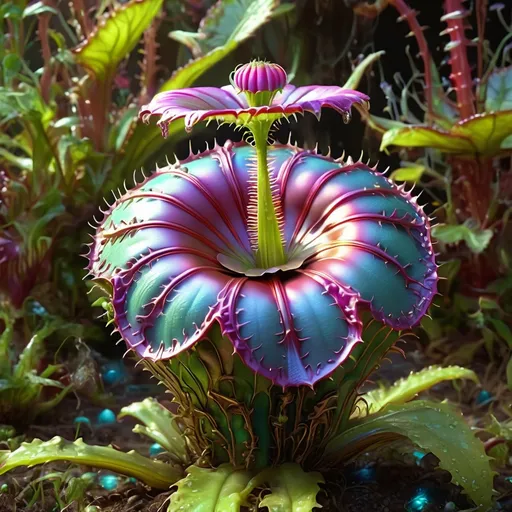 Prompt: Intricate Venus fly trap, gilded, glowing, glossy, hyper-detailed, colorful, fantasy, award-winning CGI, HD