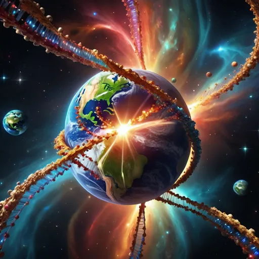 Prompt: Earth turning into a DNA, twisted, sparkling, detailed, colorful, award-winning CGI, HD, amazing, space, flowing, EARTH, stars