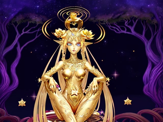 Prompt: Gold venus, evil, beautiful, in gold tree, spiral roots, lotus, metal, stars, detailed, colorful 