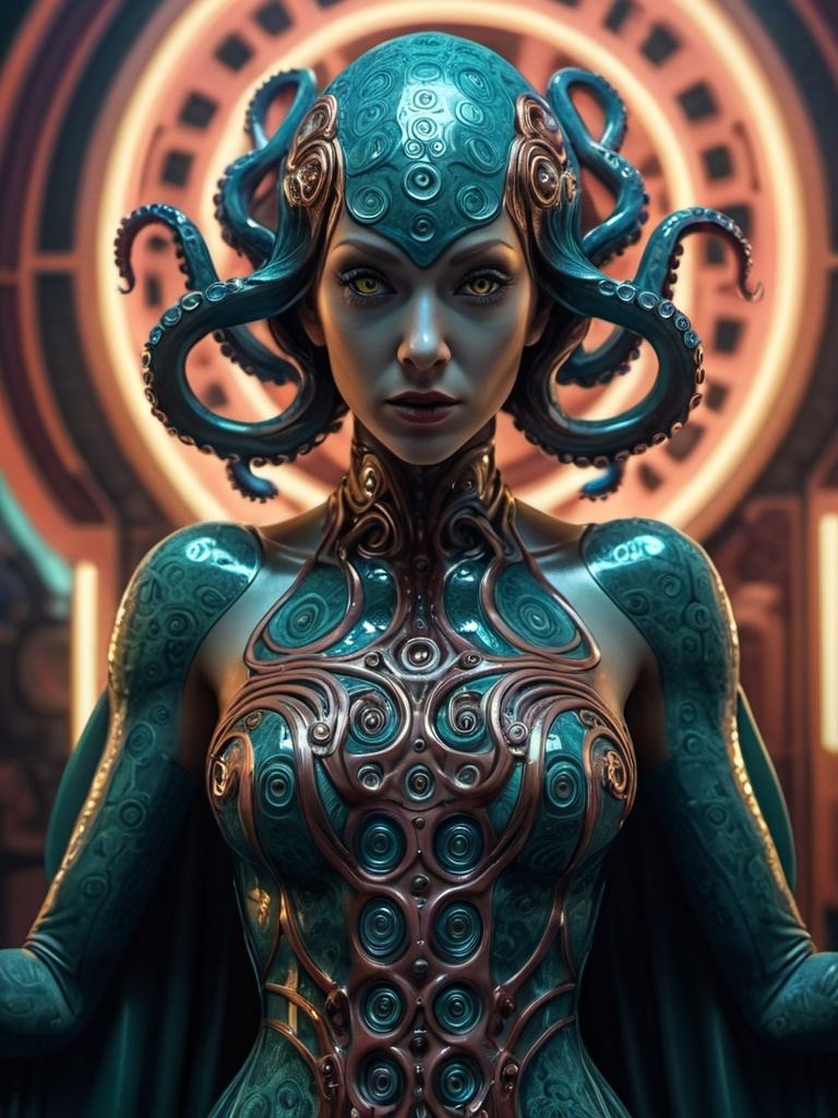 Prompt: octopus woman, art deco metal, metal, color, led, fractals, hyper-detailed, 64K, UHD, HDR, unreal engine, vivid colors, octopus, maze