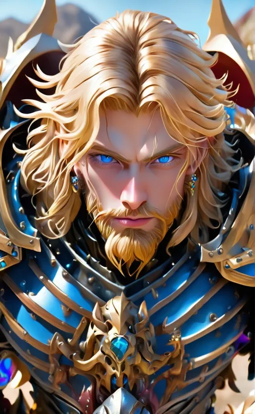 Prompt: Warrior King, blonde hair, blue eyes, metal armor, jewels, detailed, colorful, award-winning CGI, HD, amazing, 