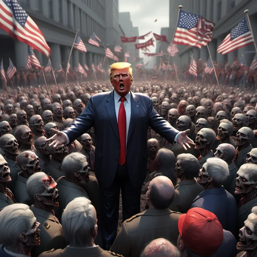 Prompt: intricate zombie political rally, Trump as Dictator, hyper-detailed, 64K, UHD, HDR, unreal engine, vivid colors, evil, zombies