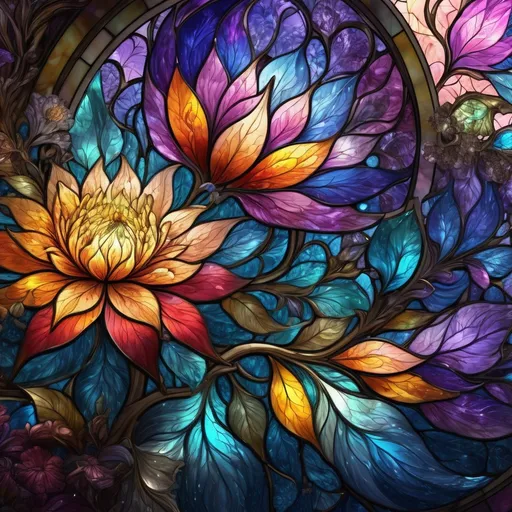 Prompt: transparent stained glass, flowers, extreme detail, 4k, ultra hd, fantasy art, fractal art, digital painting, radiant, hyper-detailed, colorful