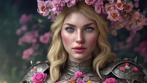 Prompt: Full lady, blonde hair, metal armor, full lips, jewels, detailed, colorful, award-winning CGI, HD, amazing, flowers