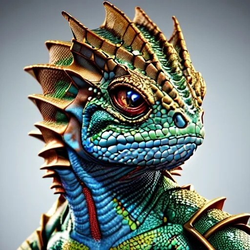 Prompt: Portrait of a lizard knight, hyper-detailed, 64K, UHD, HDR, unreal engine, vivid colors, glided, art deco