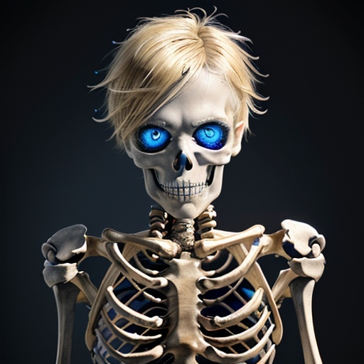 Prompt:  skeleton  kid, sparkling blue eyes, blonde hair, metal, color, dimples, ornate, intricate, hyper-detailed, 64K, UHD, HDR, unreal engine, vivid colors
