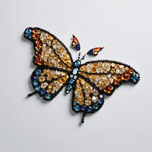 Prompt: Monarch butterfly made of glittering gems, gilded, HD, pacific Grove, collage of butterflies